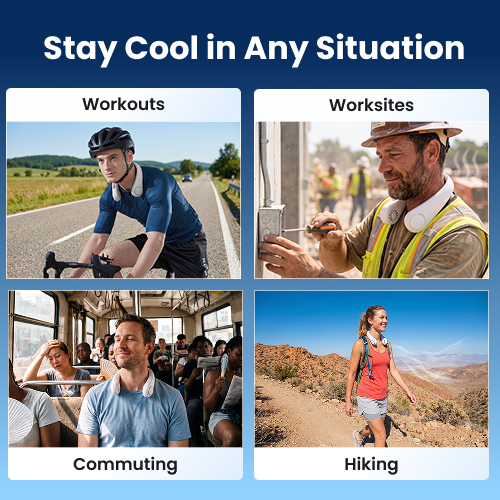 Person wearing FluxoFan around neck for hands-free personal cooling